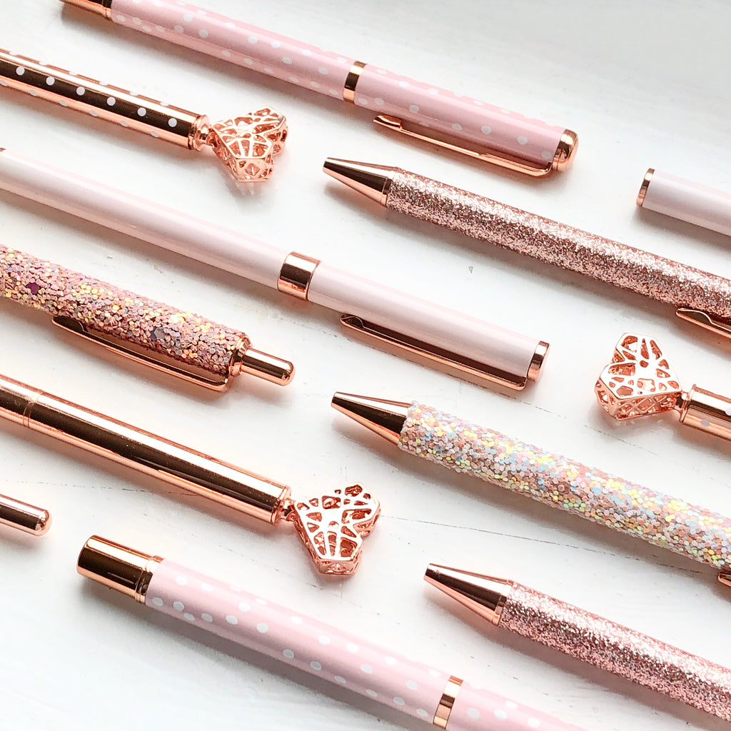 Rose gold stationery, rose gold metallic pens, gifts for her.