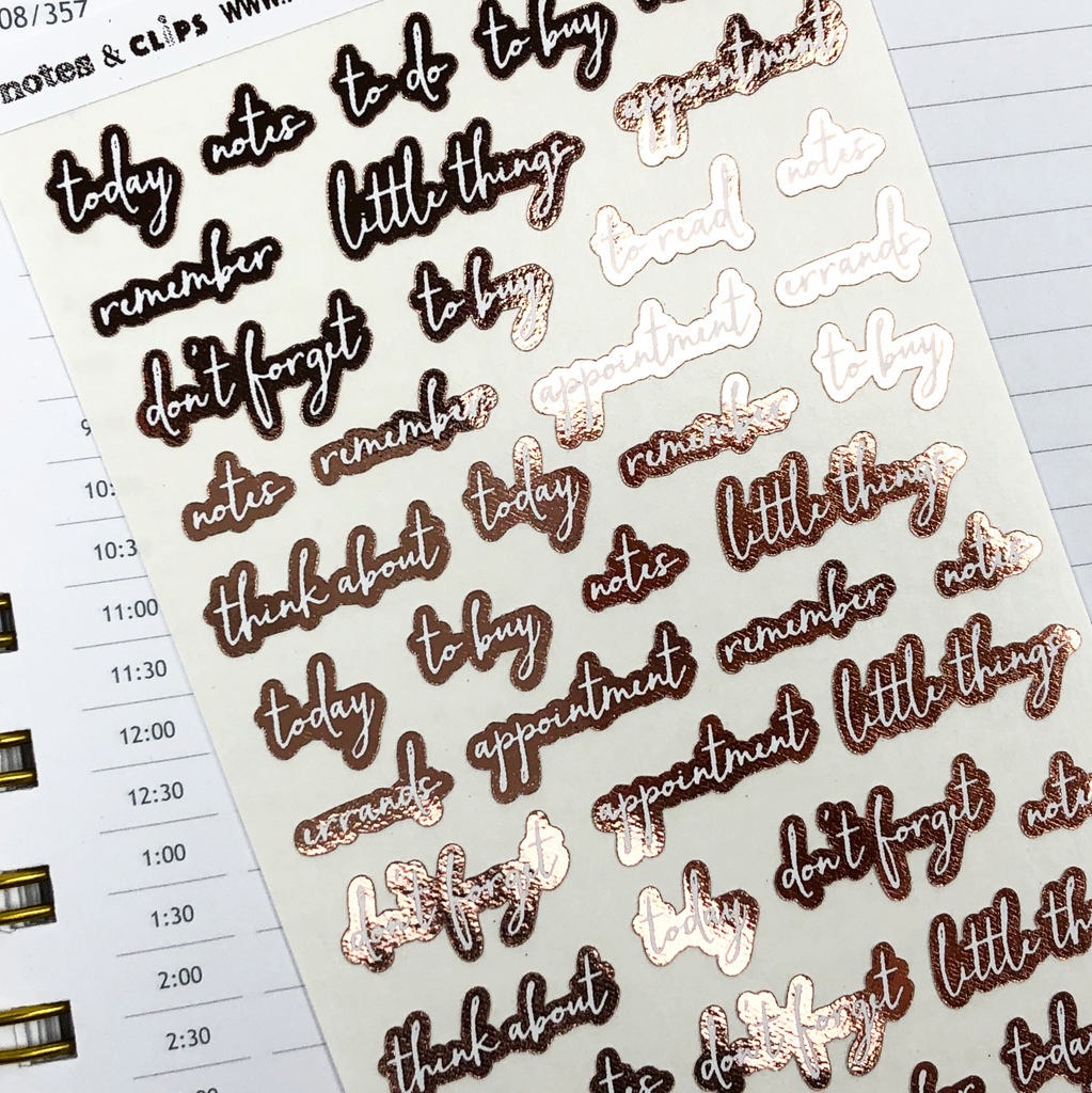Rose Gold Foil Script Word Stickers - Notes & Clips