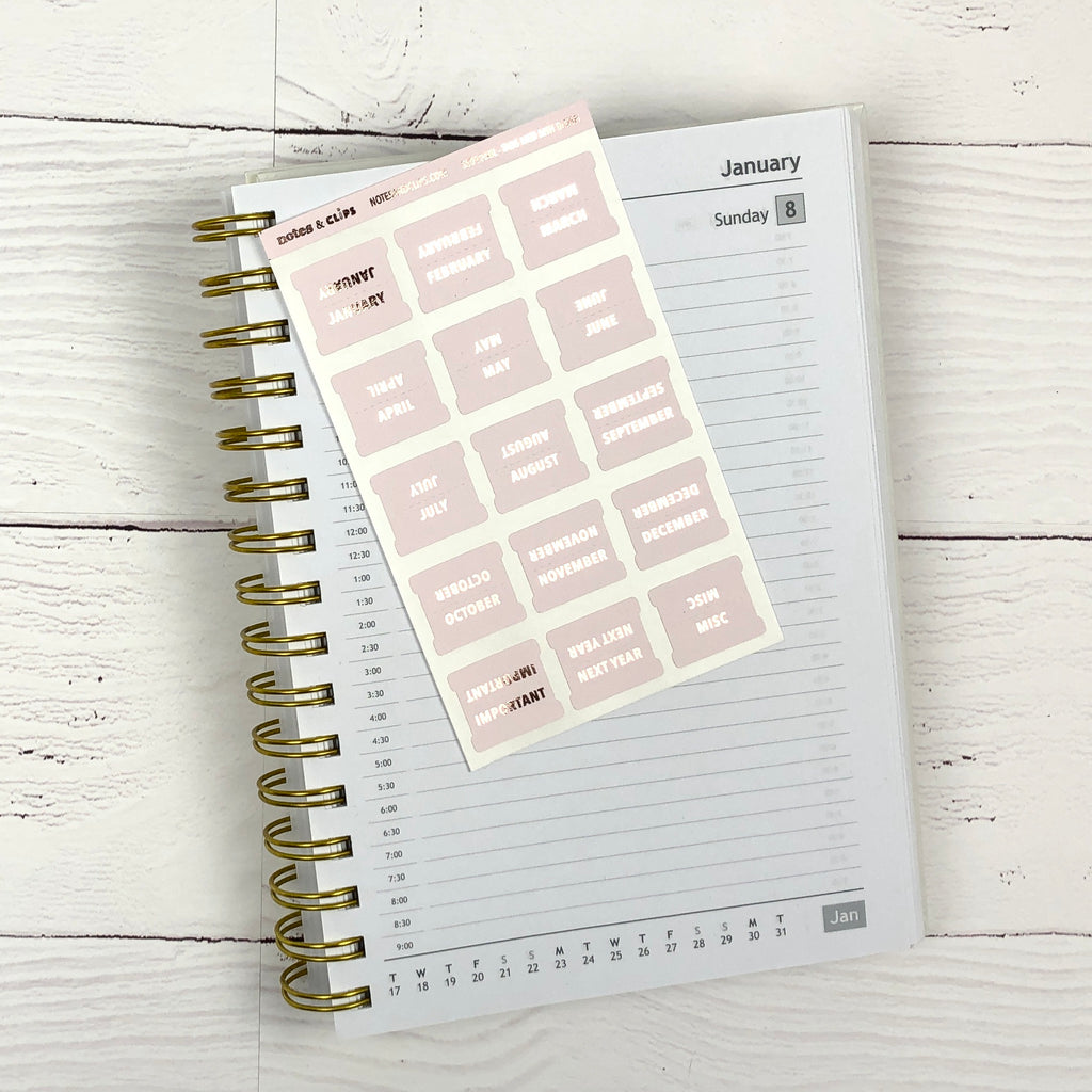 Blush & Rose Gold Medium Monthly Tab Stickers - Notes & Clips