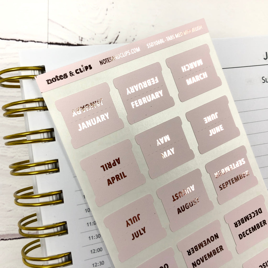 Blush & Rose Gold Medium Monthly Tab Stickers - Notes & Clips