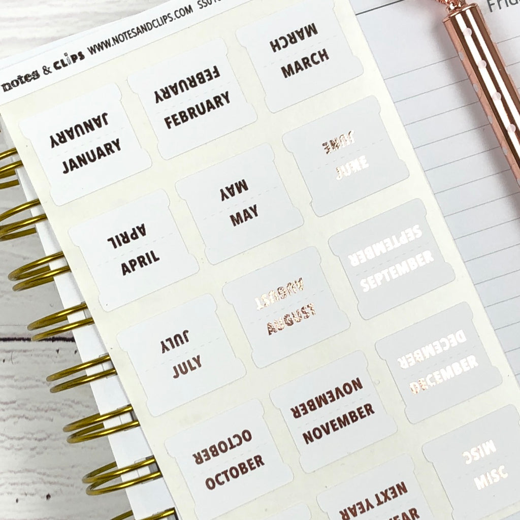 White & Rose Gold Medium Monthly Tab Stickers - Notes & Clips