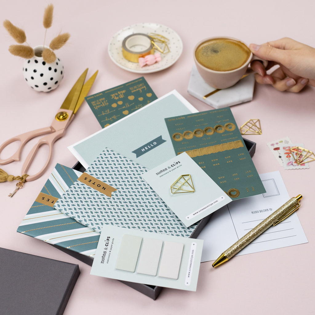 Green & Metallic Gold Chevron Stationery Gift Set