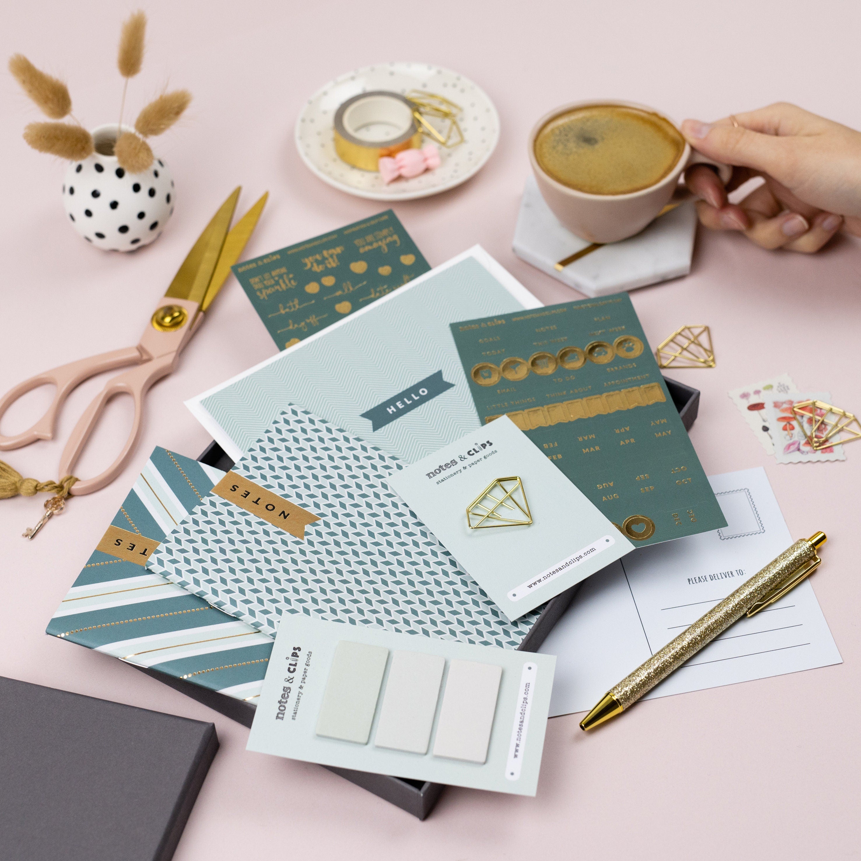 Green & Metallic Gold Chevron Stationery Gift Set