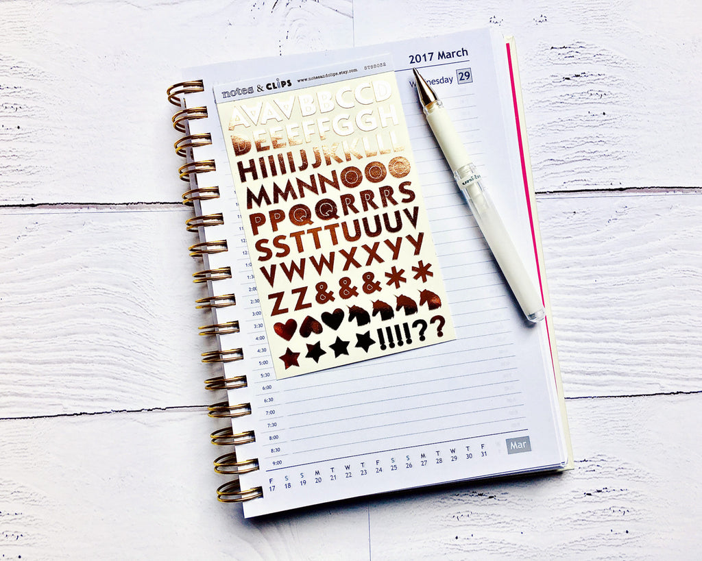 Rose Gold Alphabet Stickers: Planner Decorations, Foil Letter Stickers
