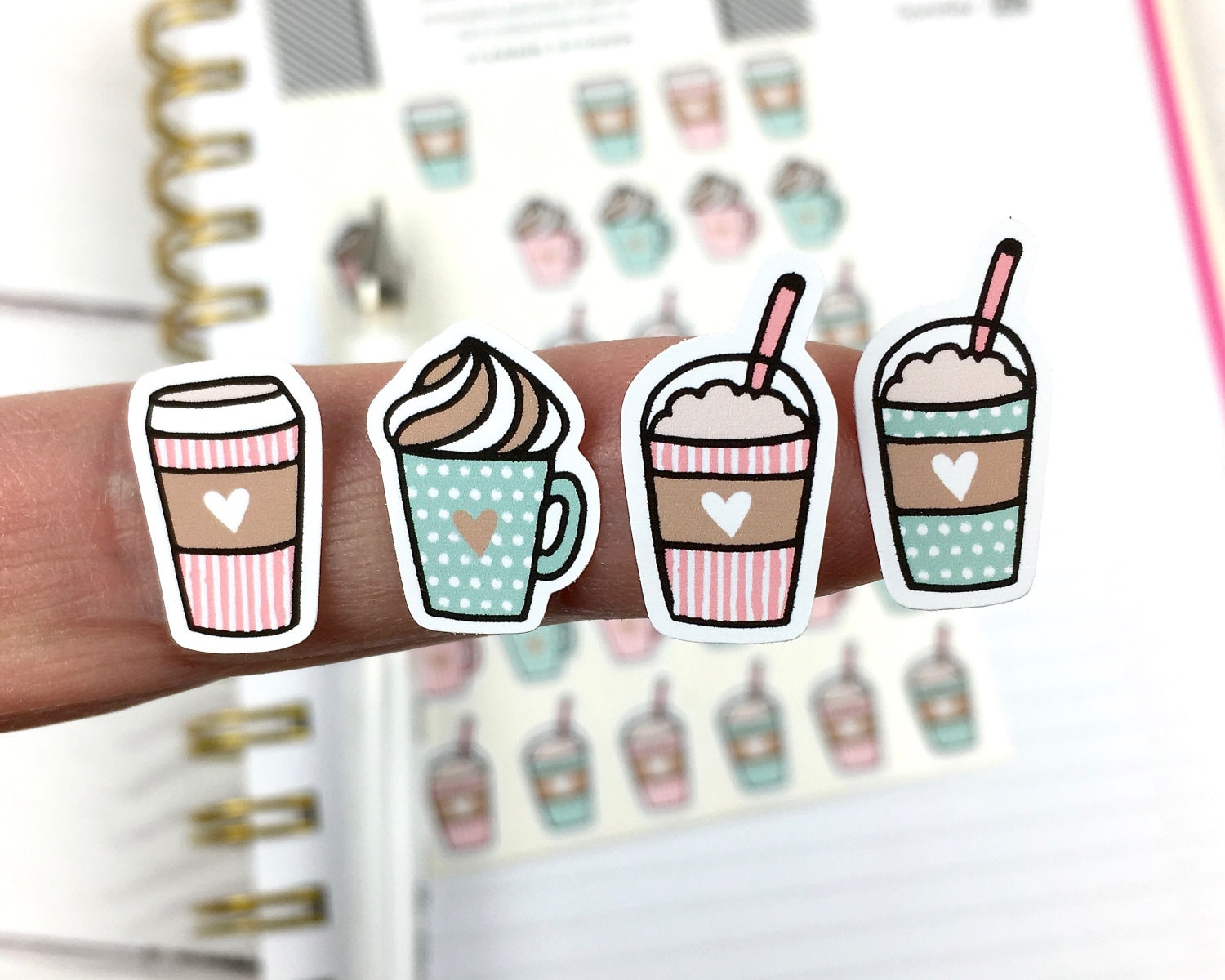 Coffee Planner Stickers, Pink and Mint, Bujo Stickers