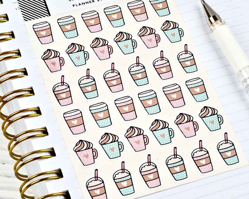 Coffee Planner Stickers, Pink and Mint, Bujo Stickers