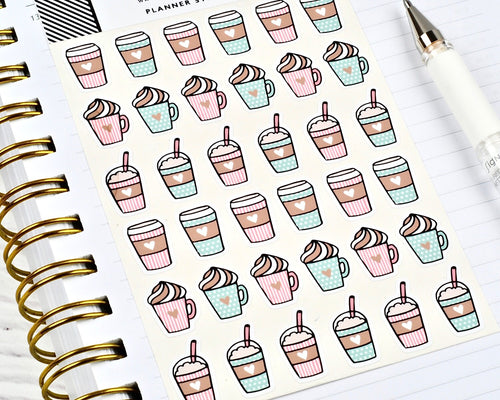 Coffee Planner Stickers, Pink and Mint, Bujo Stickers