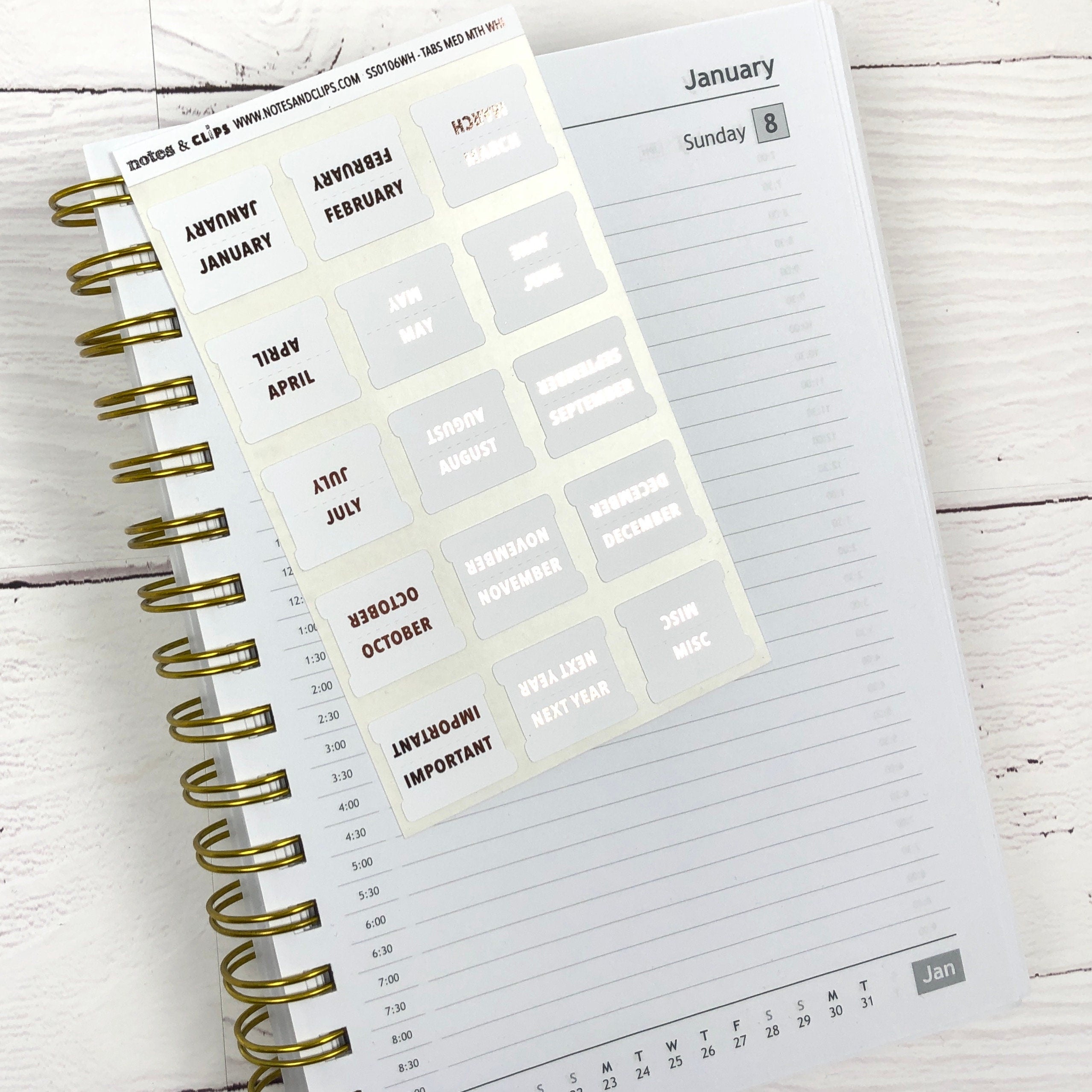 Foiled Monthly Tab Stickers: White Planner Tabs