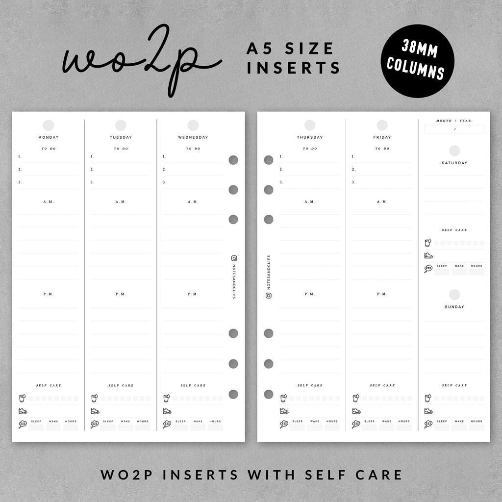 Undated weekly planner, WO2P, A5 inserts, Undated planner, week on two pages, A5 planner inserts, printed planner insert