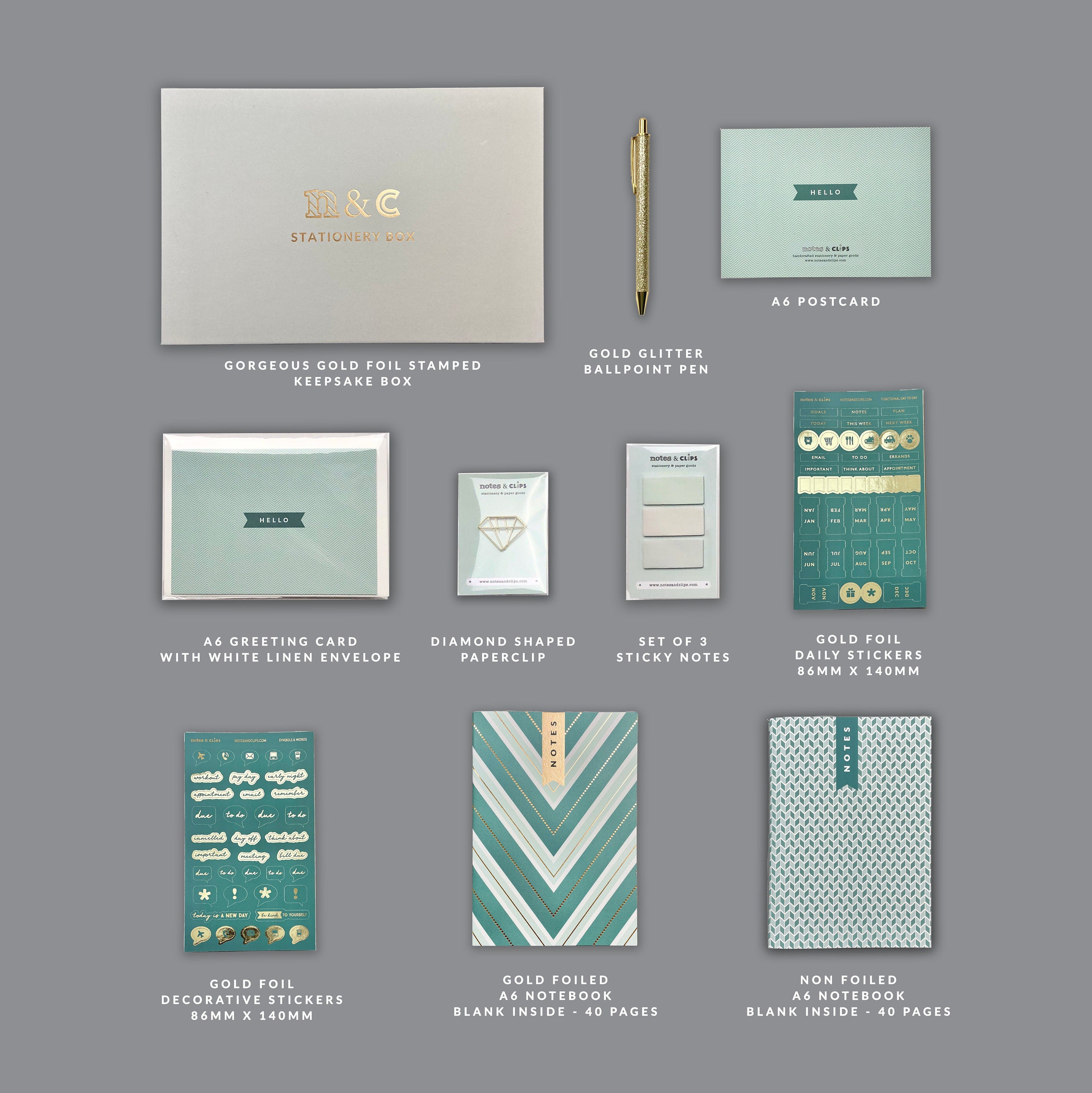 Green & Metallic Gold Chevron Stationery Gift Set