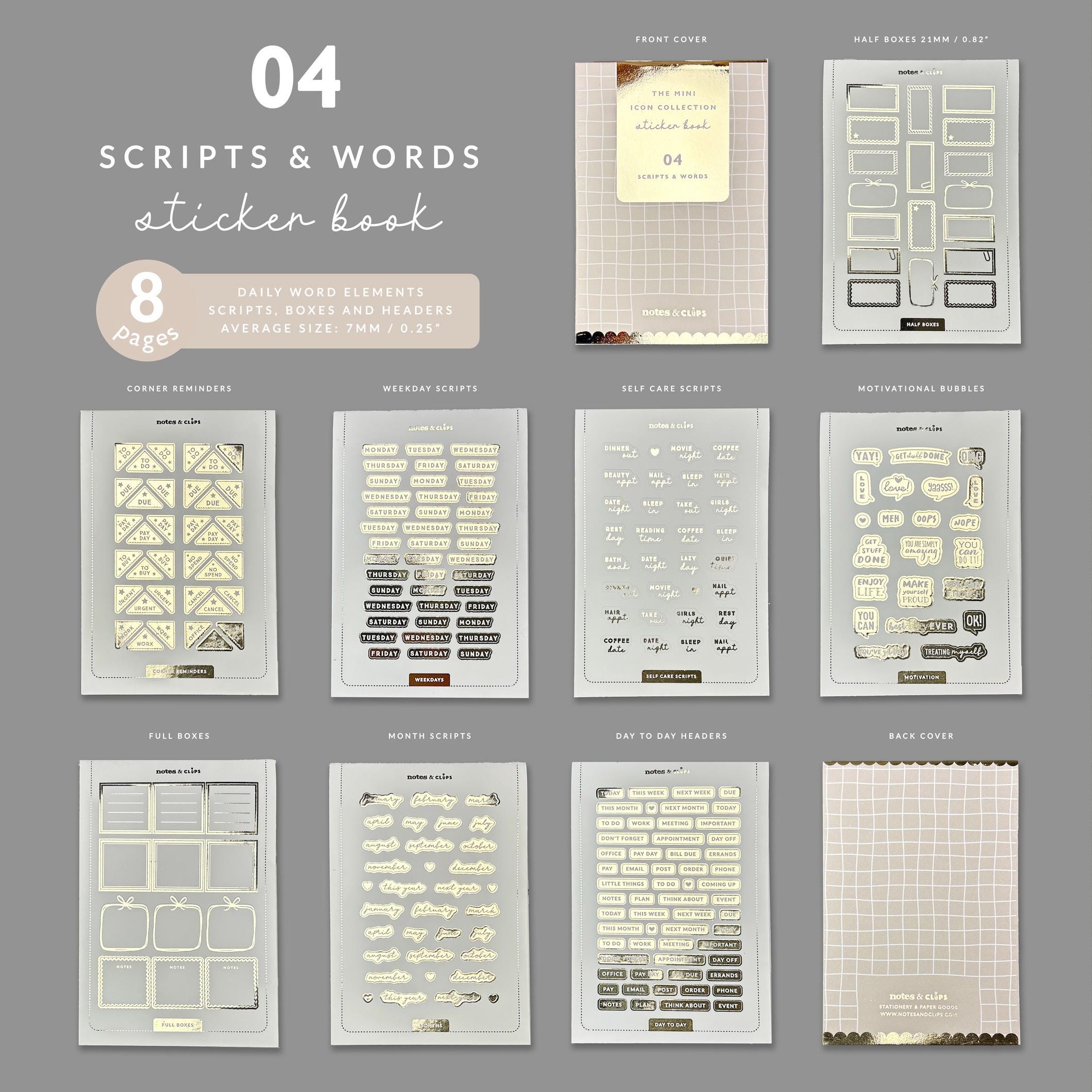 Scripts and Words Sticker Book: Mini Planner Stickers