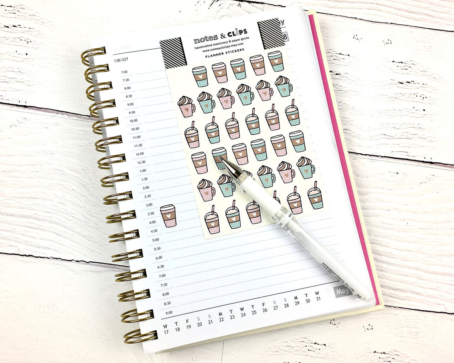 Coffee Planner Stickers, Pink and Mint, Bujo Stickers