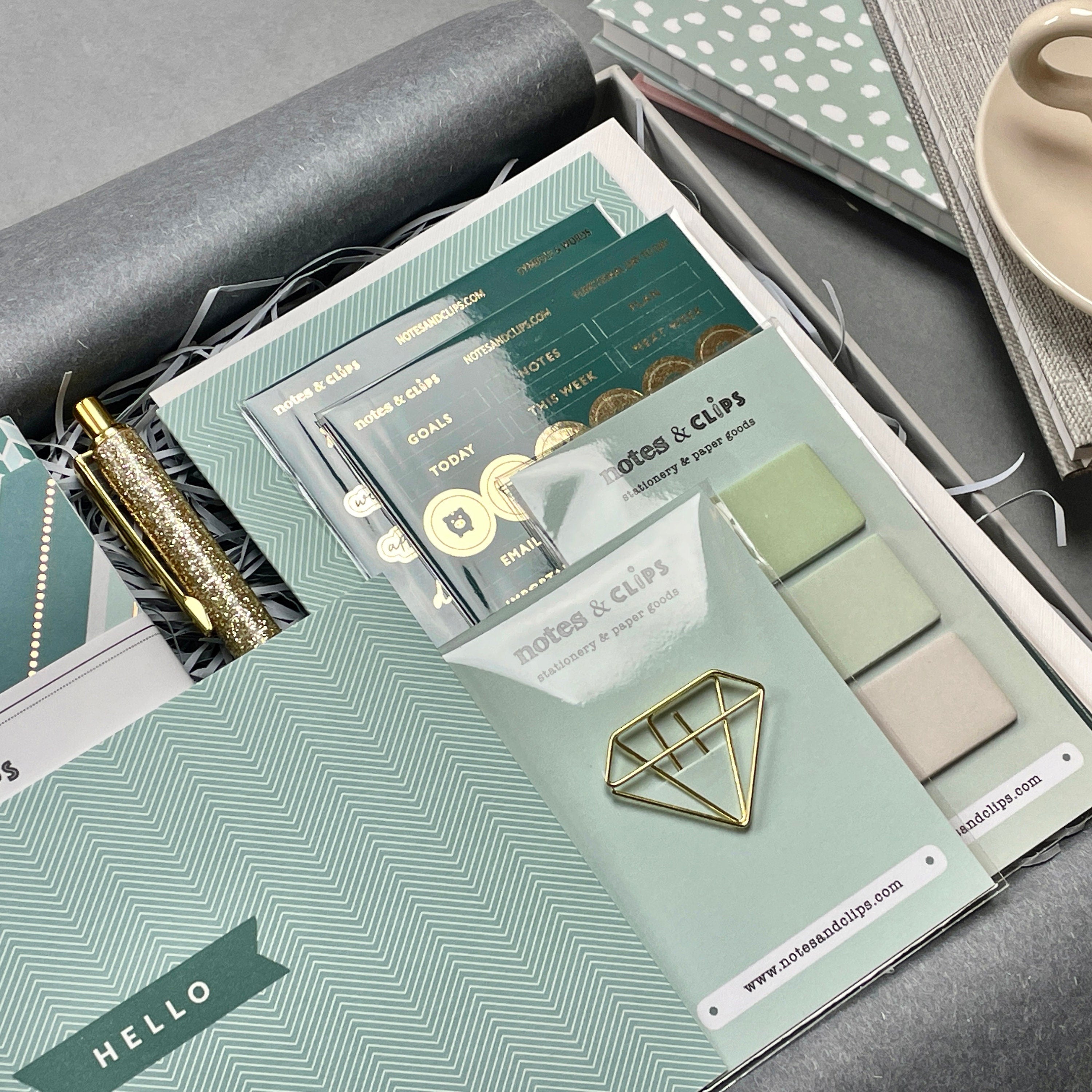 Green & Metallic Gold Chevron Stationery Gift Set