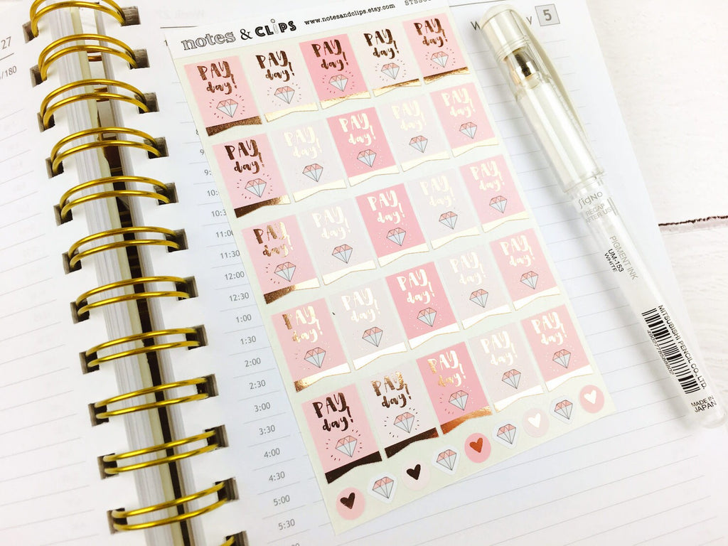 Rose Gold Foil Pay Day Planner Stickers: Blush Pink Flags