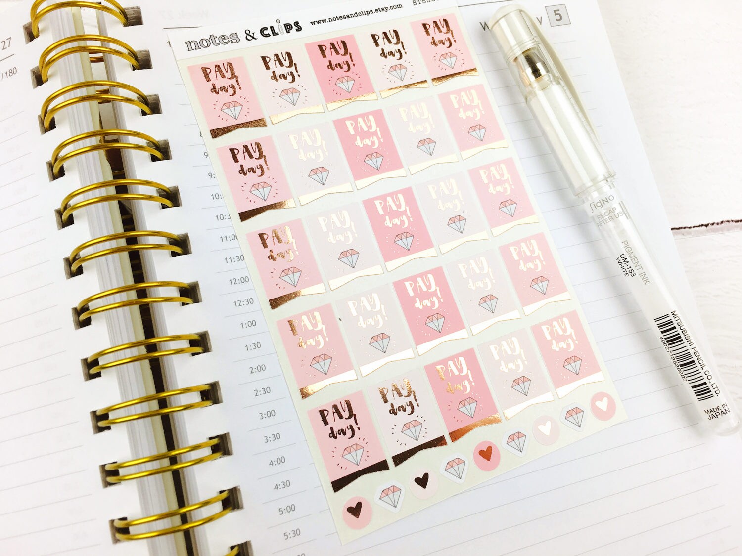 Rose Gold Foil Pay Day Planner Stickers: Blush Pink Flags