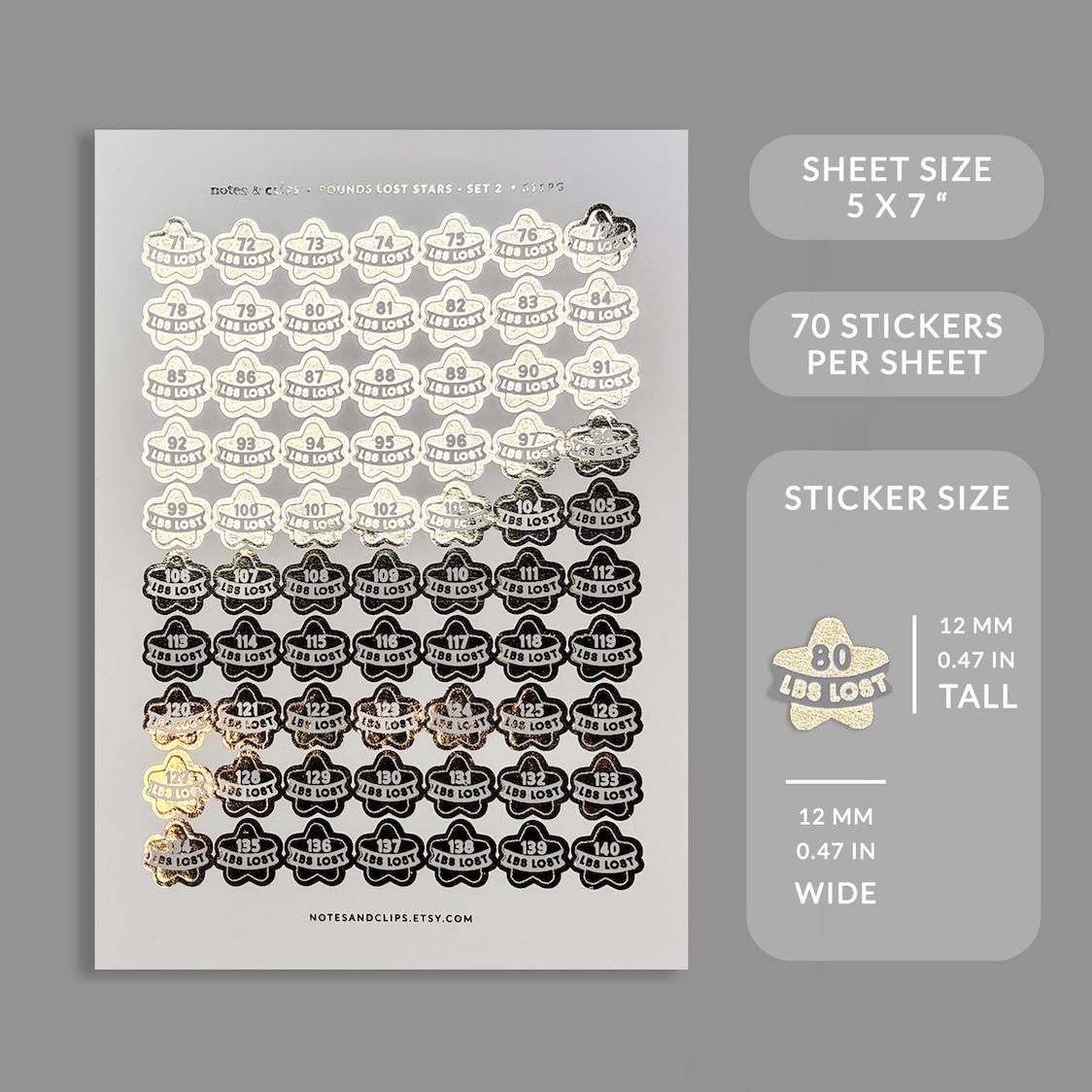 Foiled Weight Loss Stickers - Pounds Lost Star Stickers Set Two - 71 lbs to 140lbs