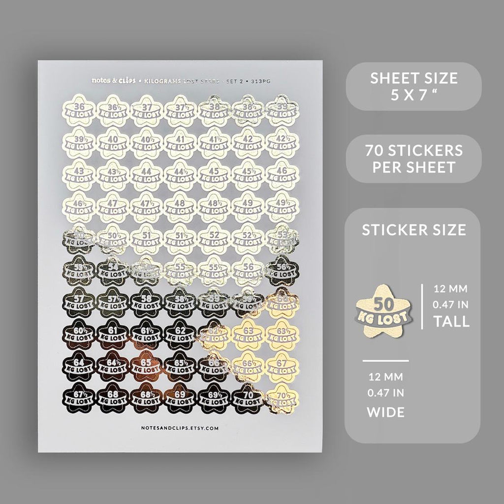 Foiled Weight Loss Stickers - Kgs Lost Star Stickers Set Two - 36 kg to 70.5 kg
