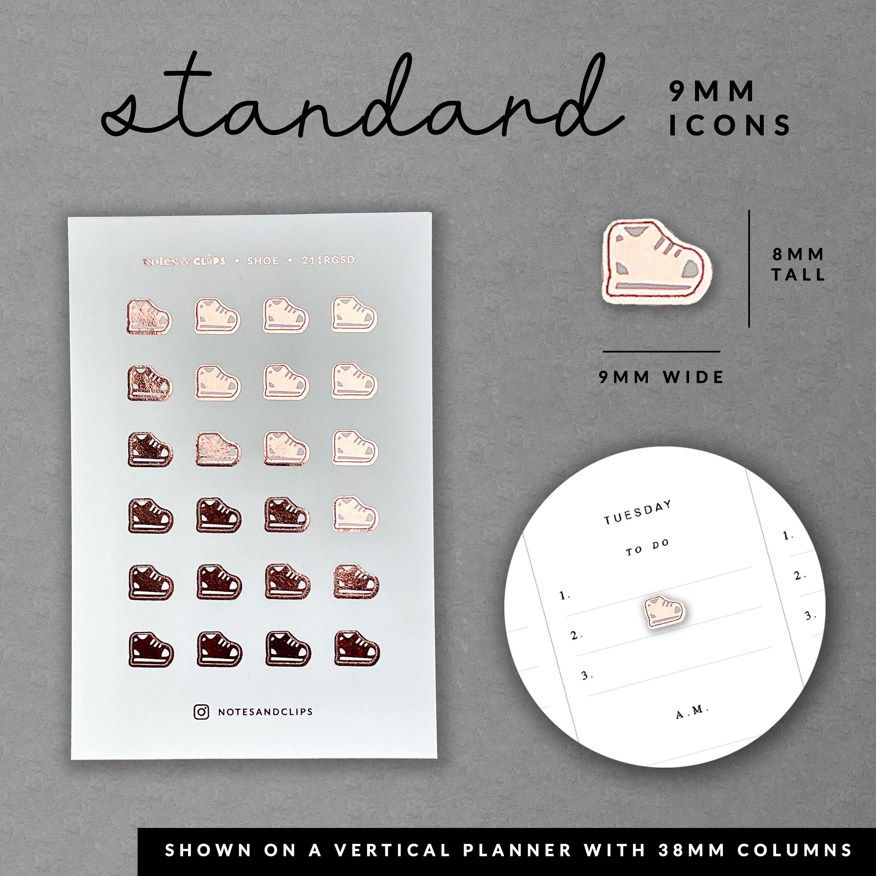 Foiled Walking Shoe Planner Stickers: 9mm Exercise Stickers