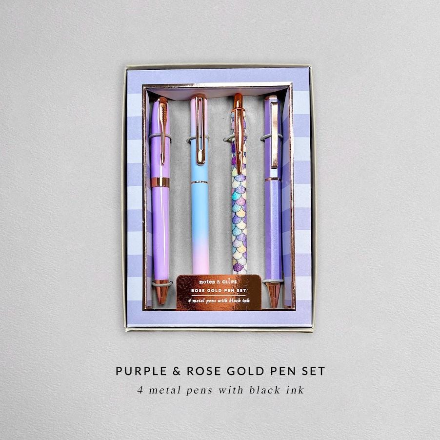 Purple and Rose Gold Pen Gift Set - 4 Black Ink Pens