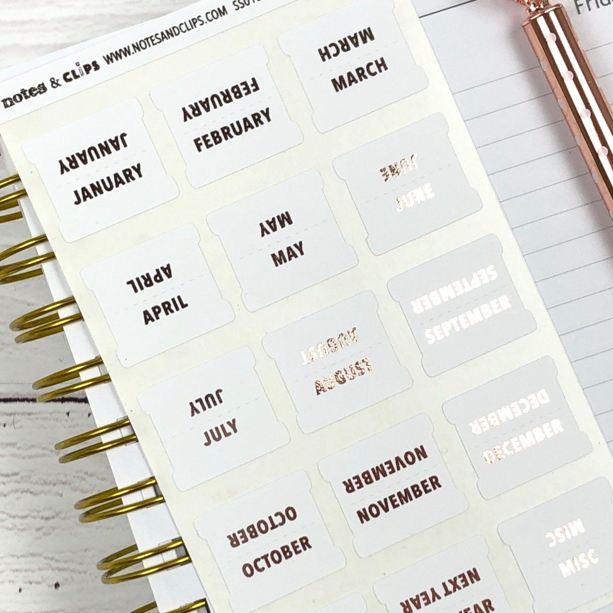 Foiled Monthly Tab Stickers: White Planner Tabs