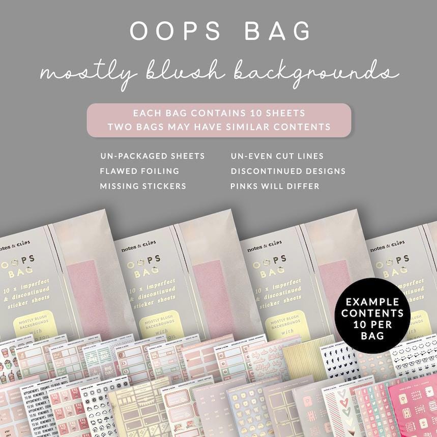 Pack of 10 Foiled Oops Planner Stickers with Mostly Blush Backgrounds