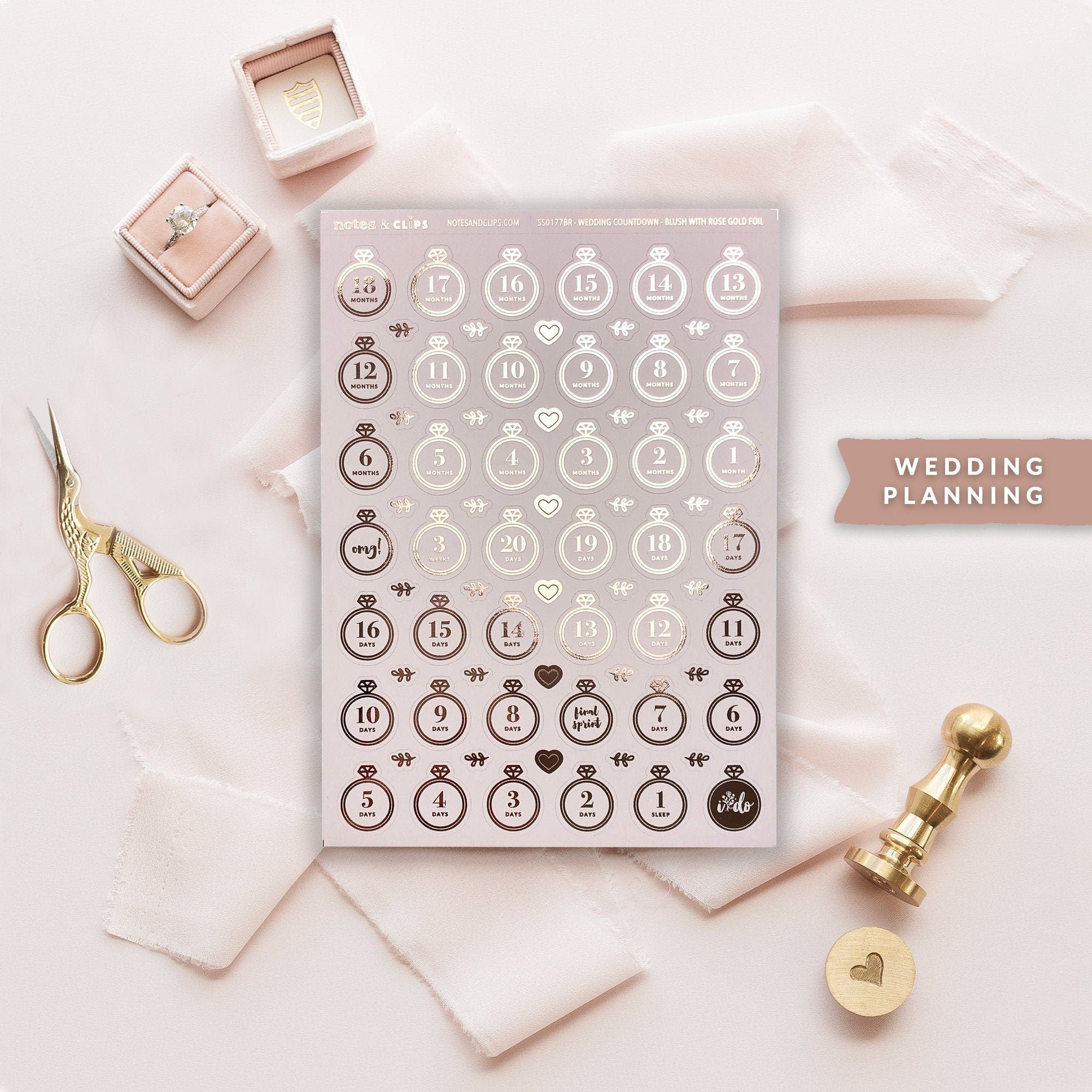 Foiled Countdown Wedding Planning Stickers – Notes & Clips