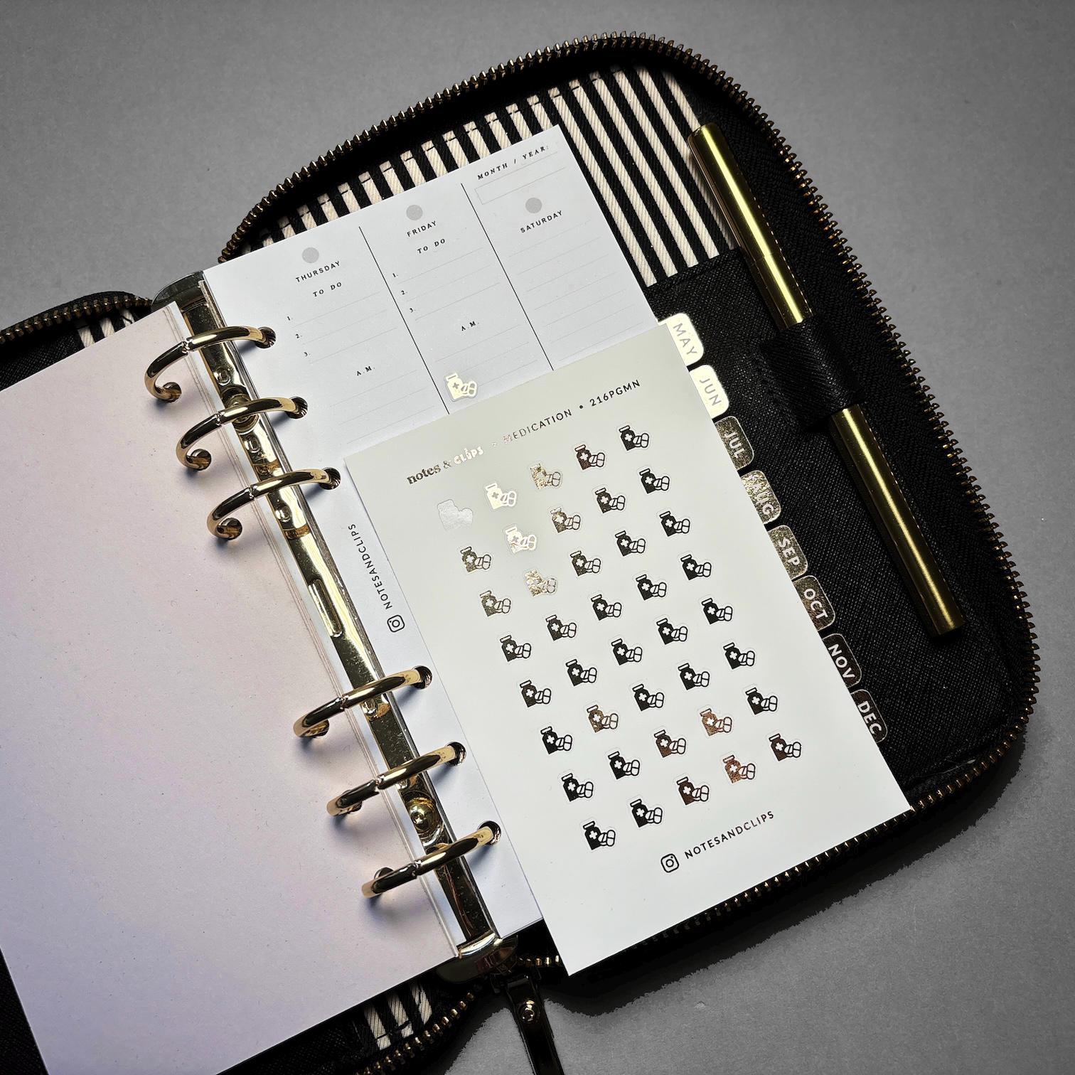 Gold Foil Medication Planner Stickers: Functional Reminder Icons