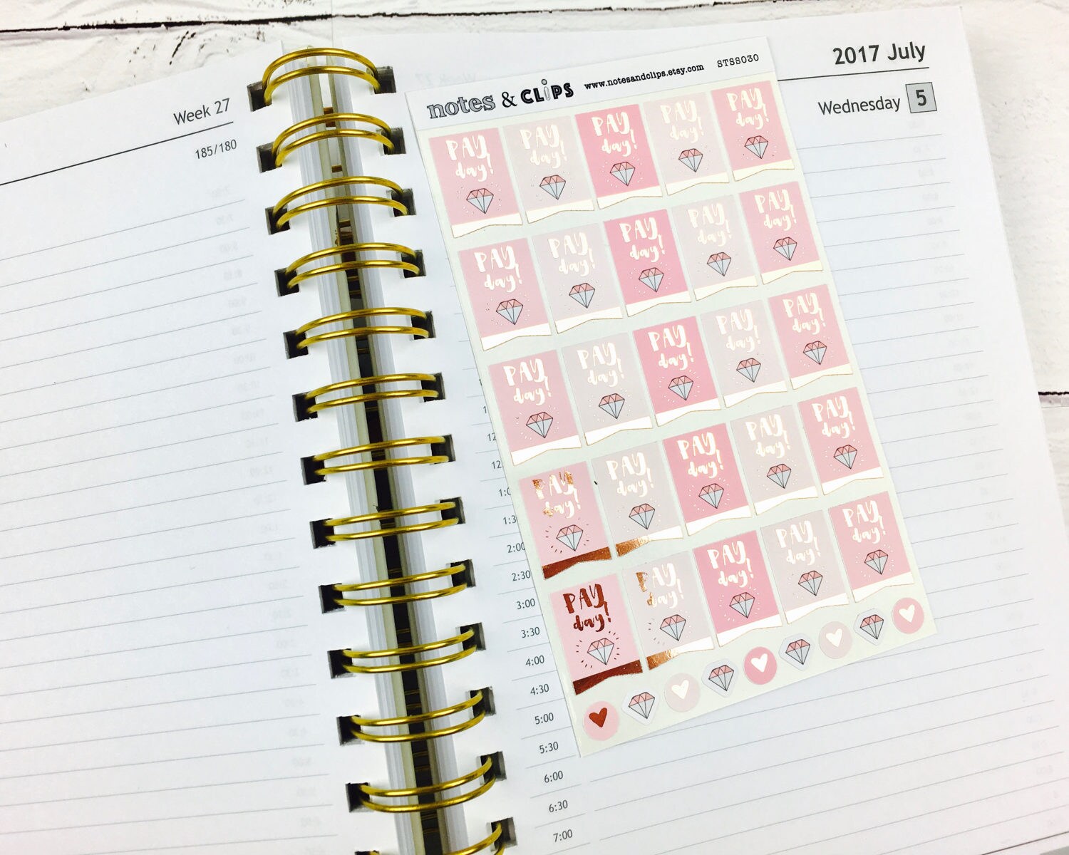 Rose Gold Foil Pay Day Planner Stickers: Blush Pink Flags