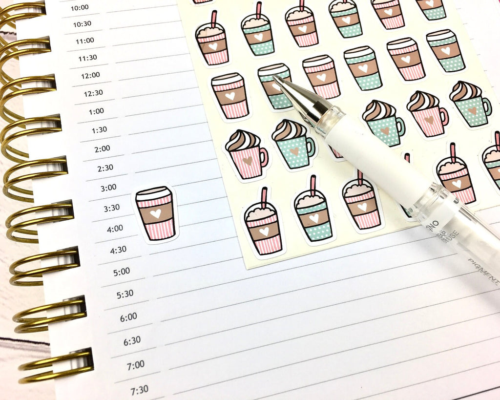 Coffee Planner Stickers, Pink and Mint, Bujo Stickers