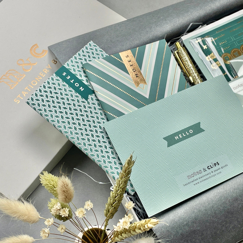 Green & Metallic Gold Chevron Stationery Gift Set