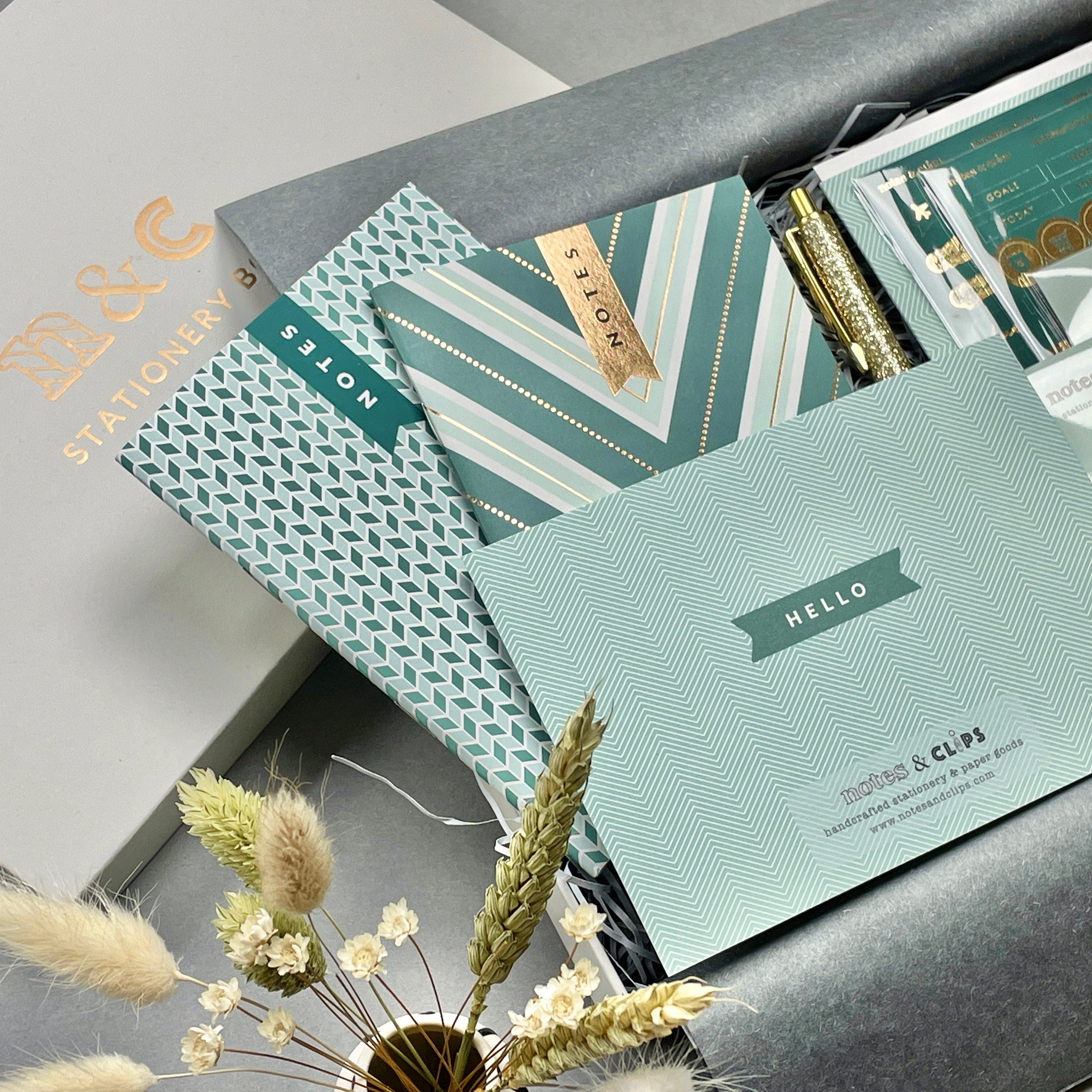 Green & Metallic Gold Chevron Stationery Gift Set