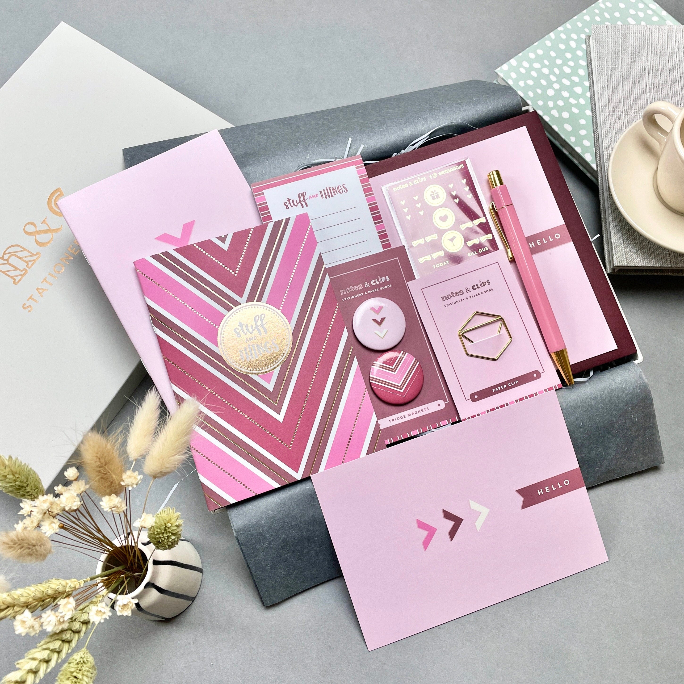 Pink & Burgundy Stationery Set: Gold Accents, Letterbox Gift