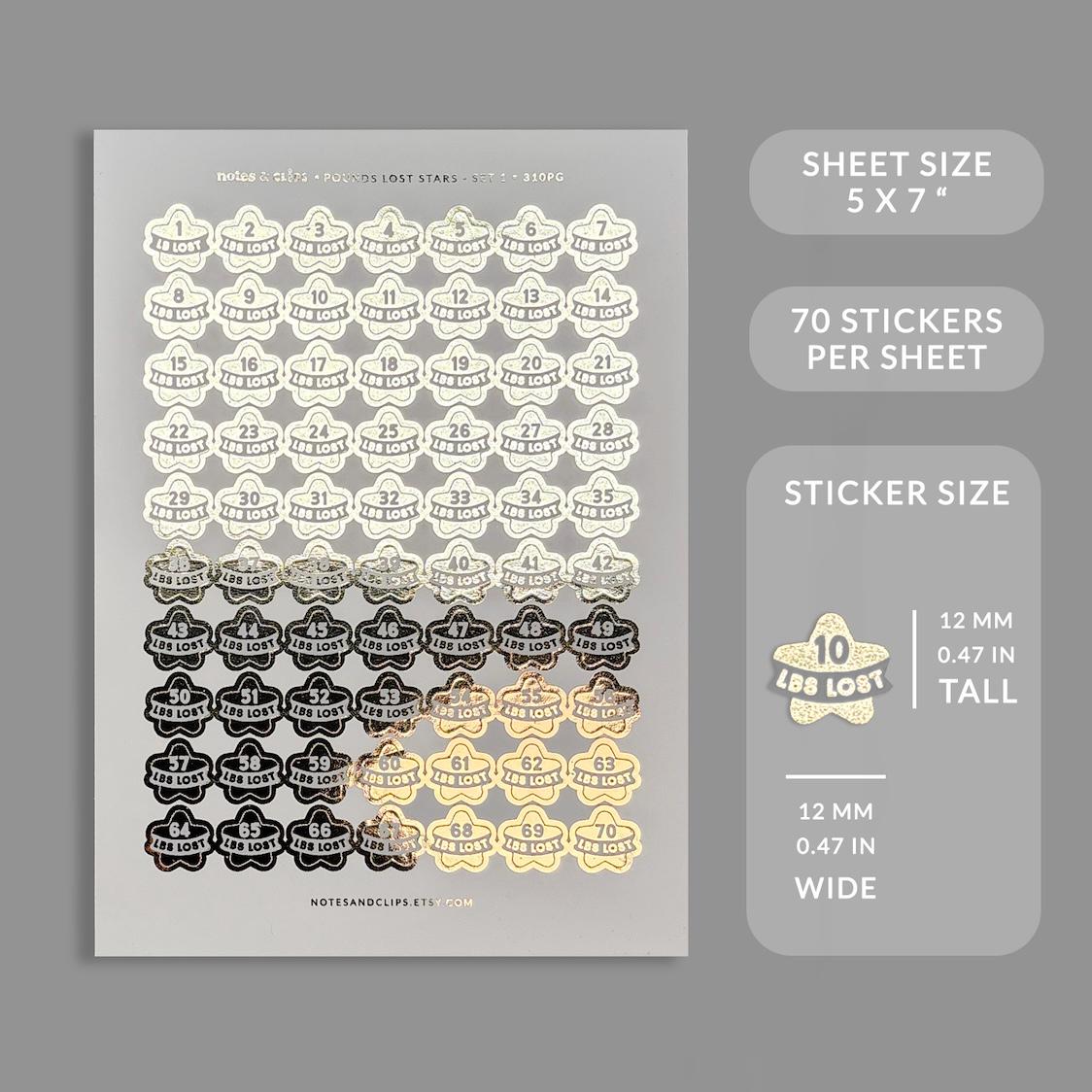 Foiled Weight Loss Stickers - Pounds Lost Star Stickers Set One - 1 lbs to 70lbs