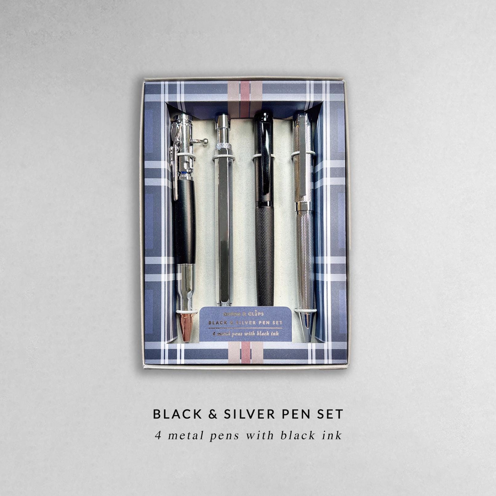 Black and Silver Pen Gift Set - 4 Black Ink Pens
