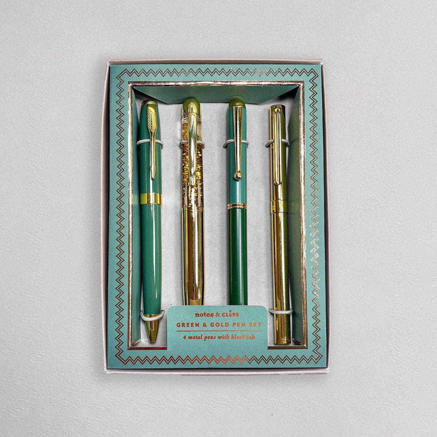 Green and Gold Pen Gift Set - 4 Black Ink Metal Pens