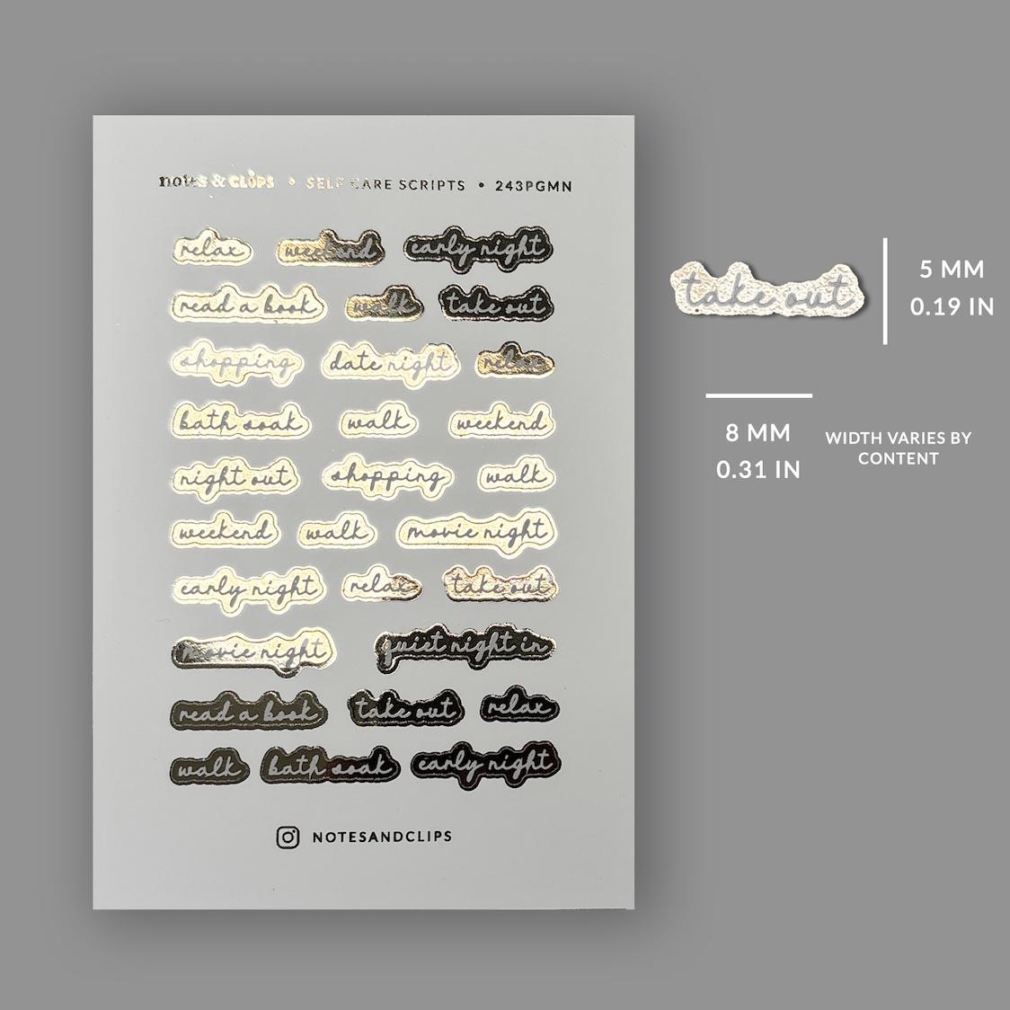 Gold Foil Script Planner Stickers: Self Care, Daily Reminders
