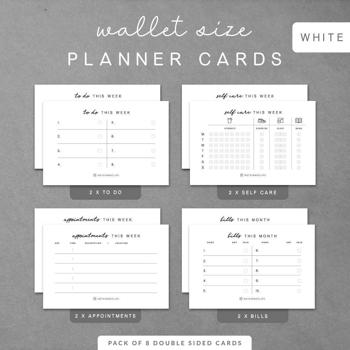 Pack of 8 Planner Cards - Black and White, Minimalistic Planner