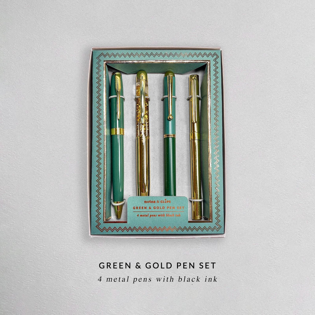 Green and Gold Pen Gift Set - 4 Black Ink Metal Pens