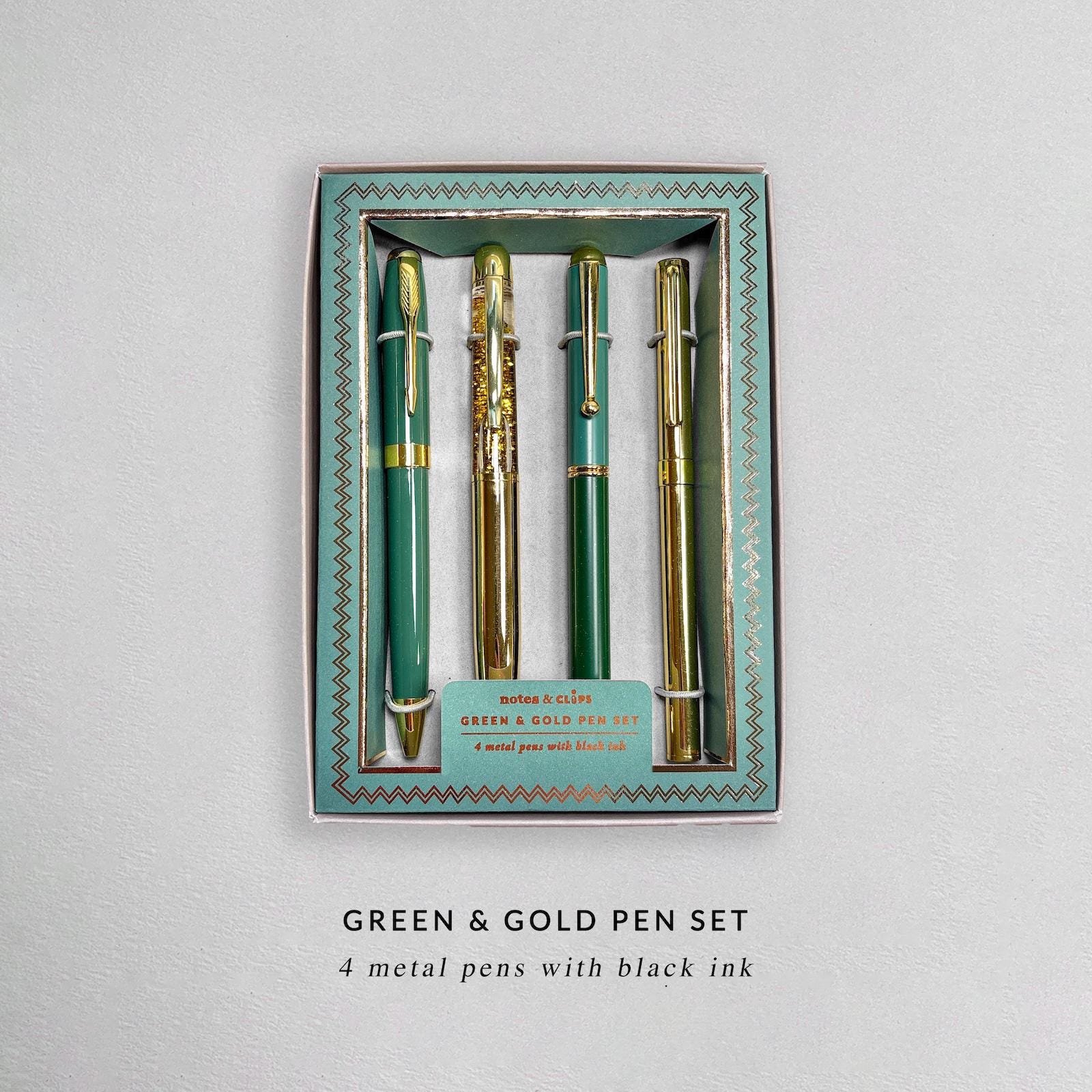 Green and Gold Pen Gift Set - 4 Black Ink Metal Pens