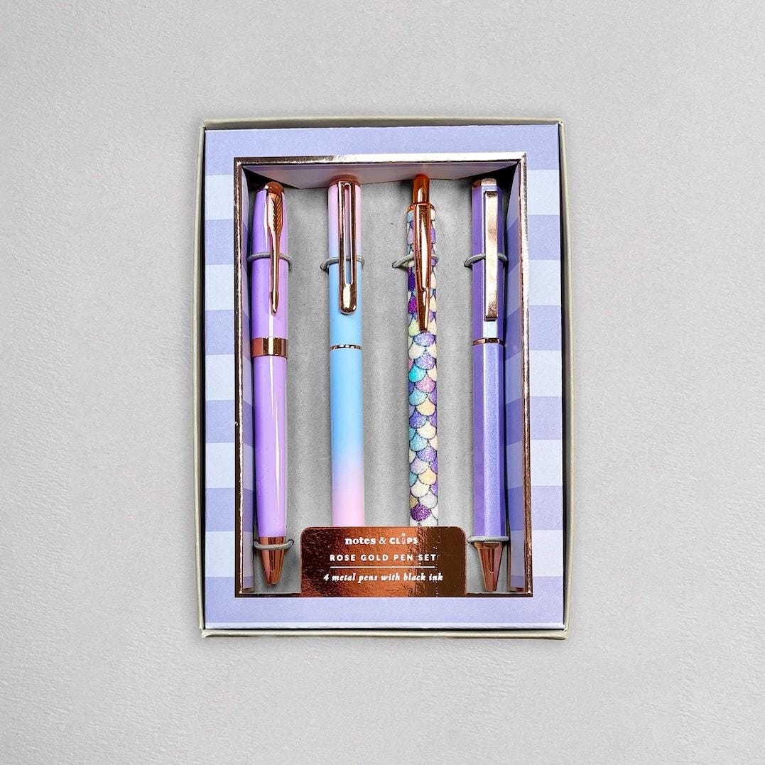 Purple and Rose Gold Pen Gift Set - 4 Black Ink Pens