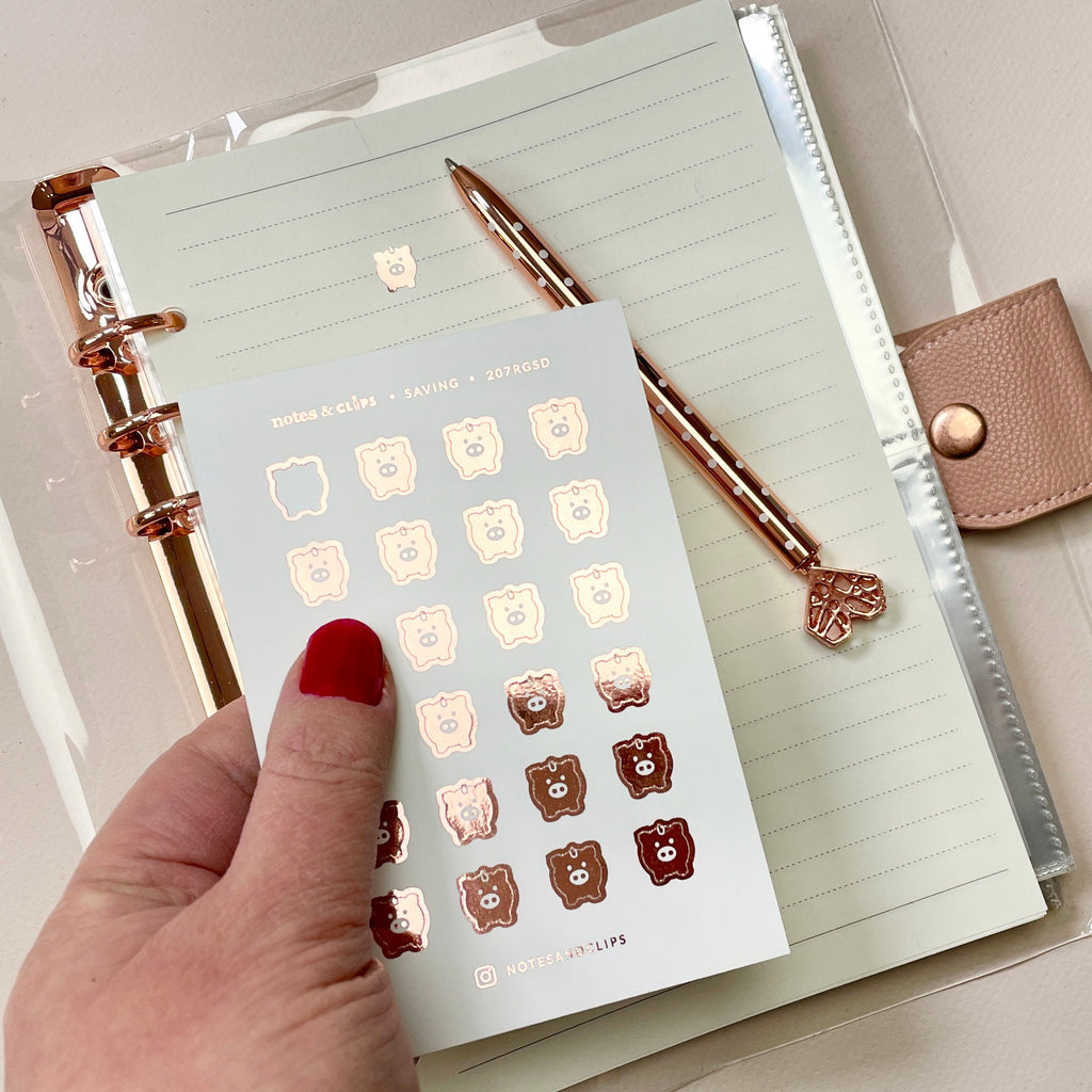 Foiled Piggy Bank Planner Stickers: Savings Tracker Icons