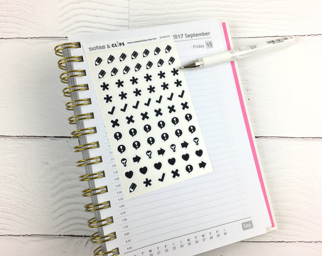 Bullet Journal Icons - Mono - Notes & Clips