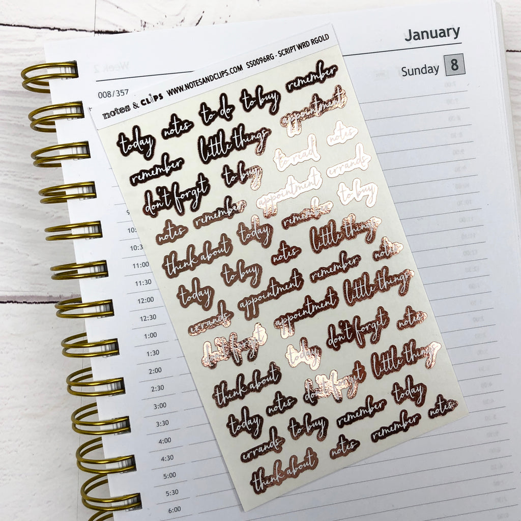 Rose Gold Foil Script Word Stickers - Notes & Clips