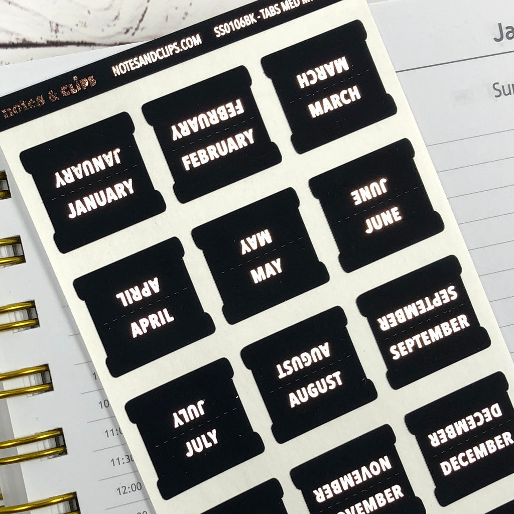 Black & Rose Gold Medium Monthly Tab Stickers - Notes & Clips