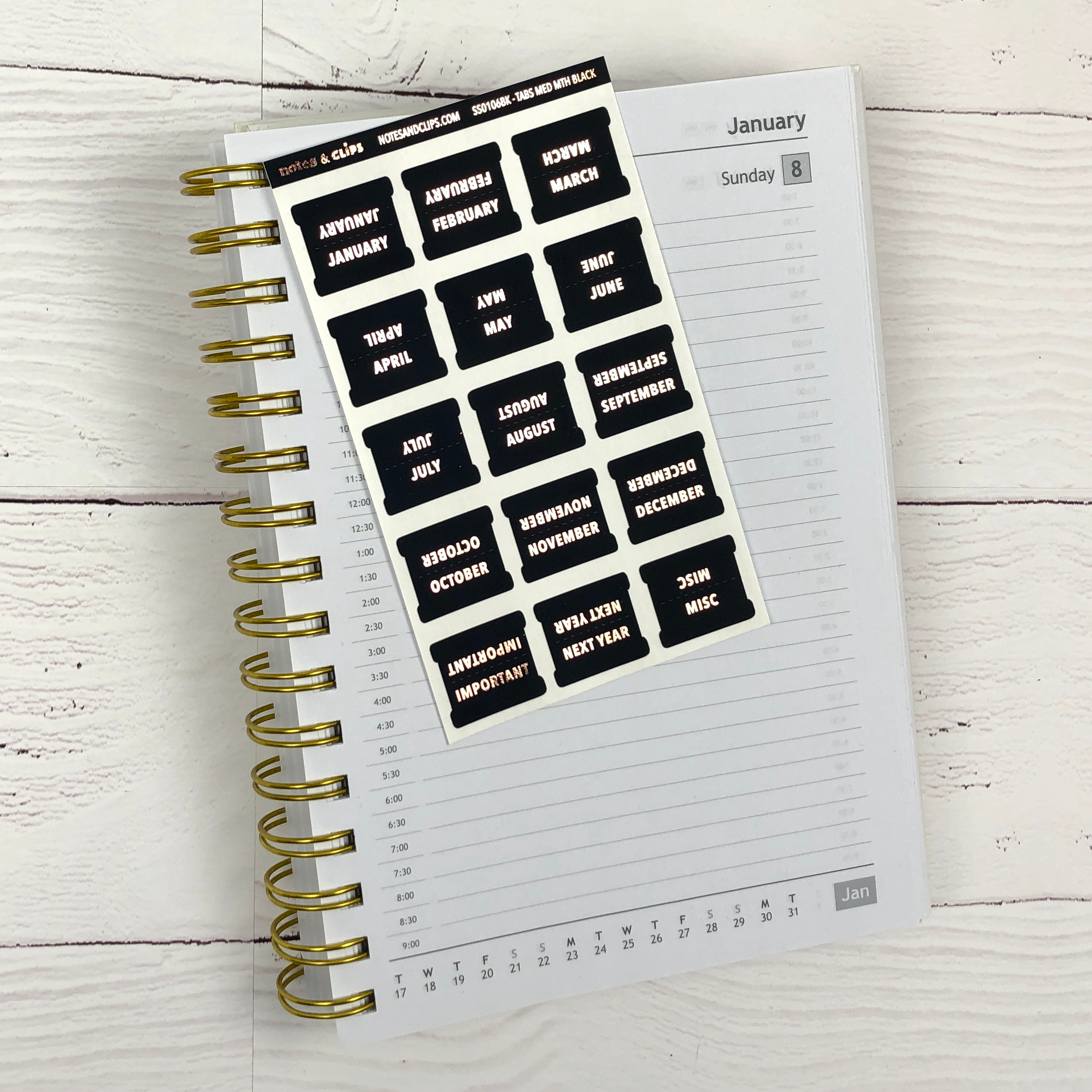 Black & Rose Gold Medium Monthly Tab Stickers - Notes & Clips