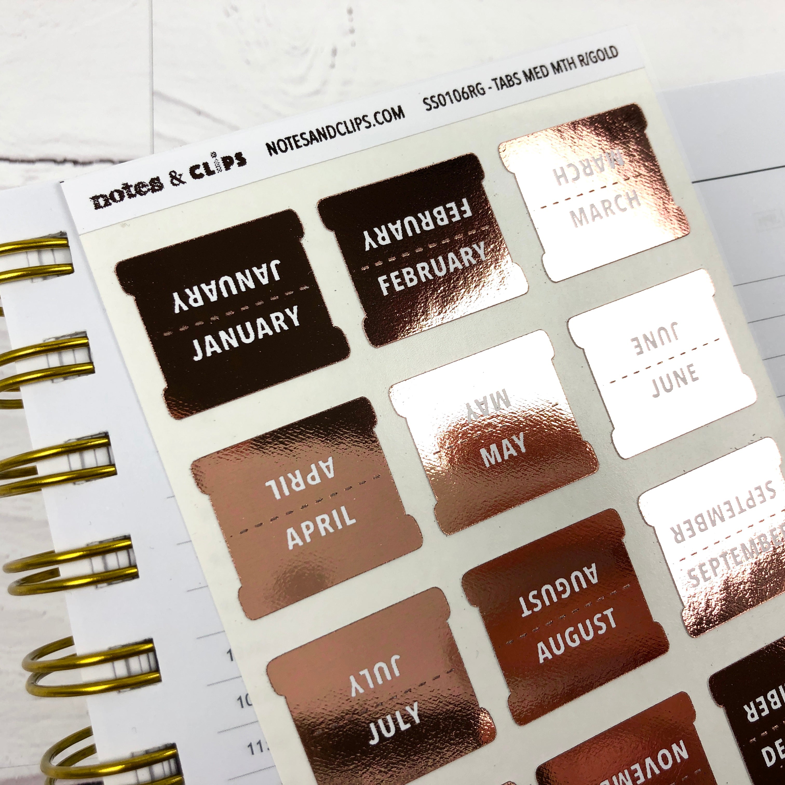 Rose Gold Foil Medium Monthly Tab Stickers - Notes & Clips