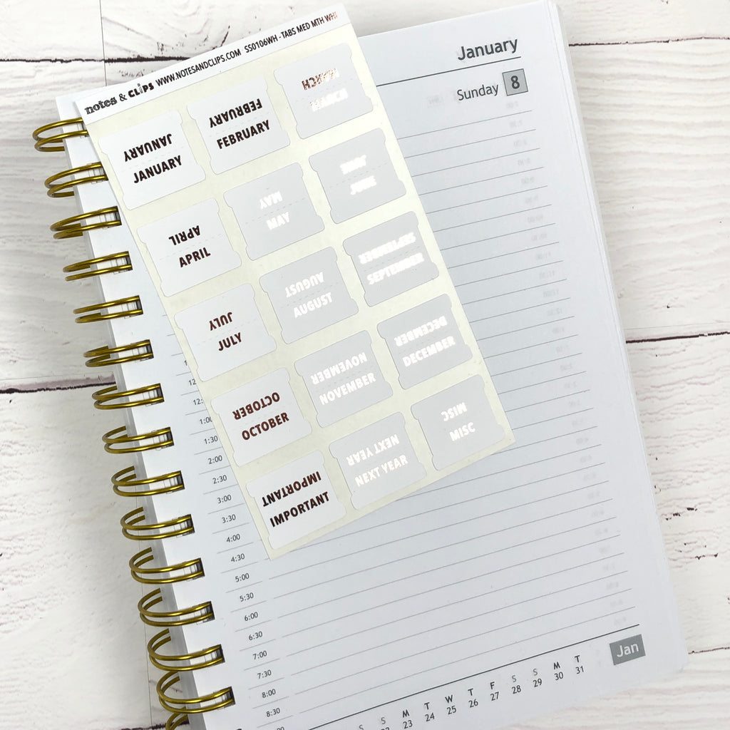 White & Rose Gold Medium Monthly Tab Stickers - Notes & Clips