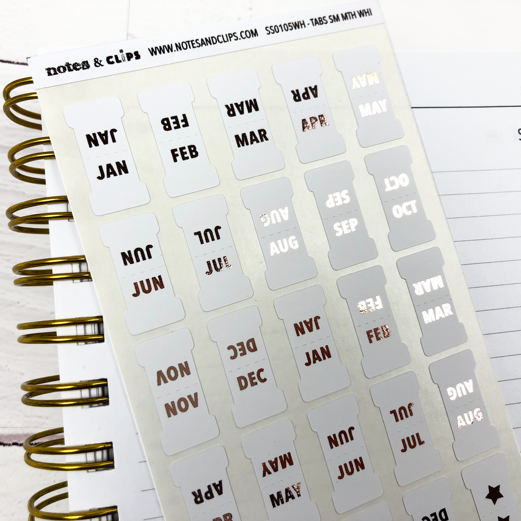 White & Rose Gold Small Monthly Tab Stickers - Notes & Clips