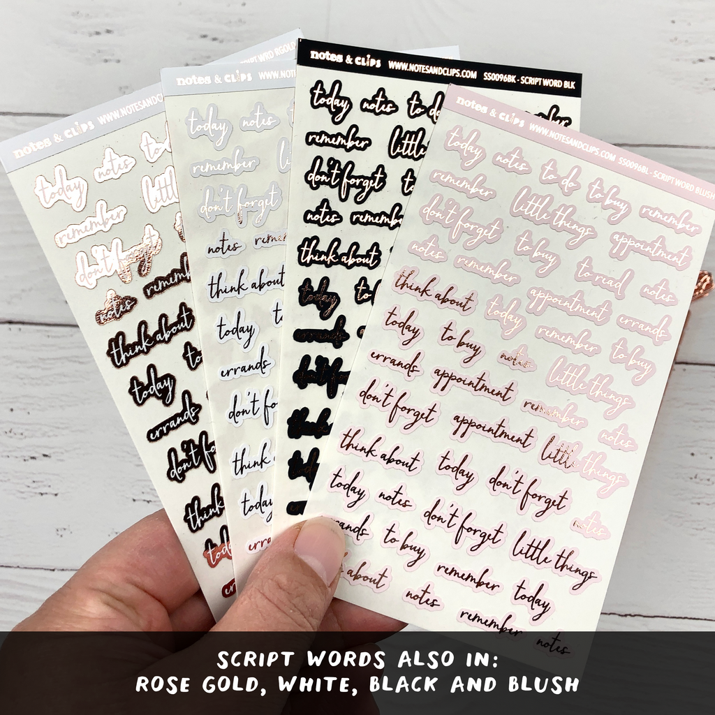 White and Rose Gold Foil Script Word Stickers - Notes & Clips