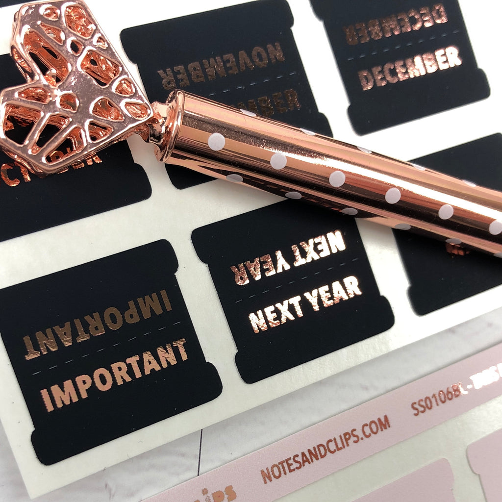 Black & Rose Gold Medium Monthly Tab Stickers - Notes & Clips